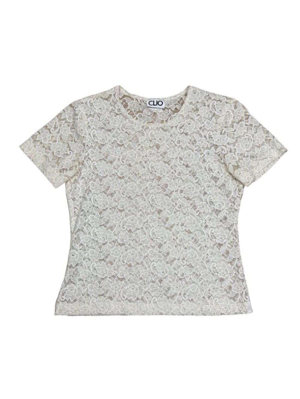 Vintage 90s Clio Sheer Lace Top Womens Medium White Floral Baby Tee Stretch Fitt